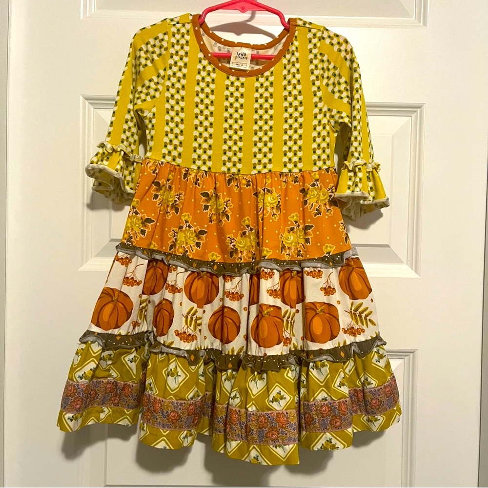 “Wild Flowers” Toddler Girl Fall Pumpkin Boutique Dress (4T)